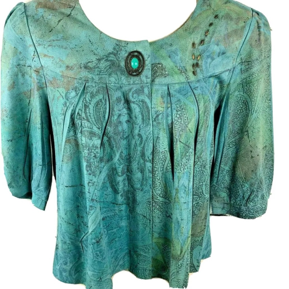 B.L.E.U Women Top Jacket Swing Crop Teal Paris Print 3/4 Sleeve Embellished P-LG
